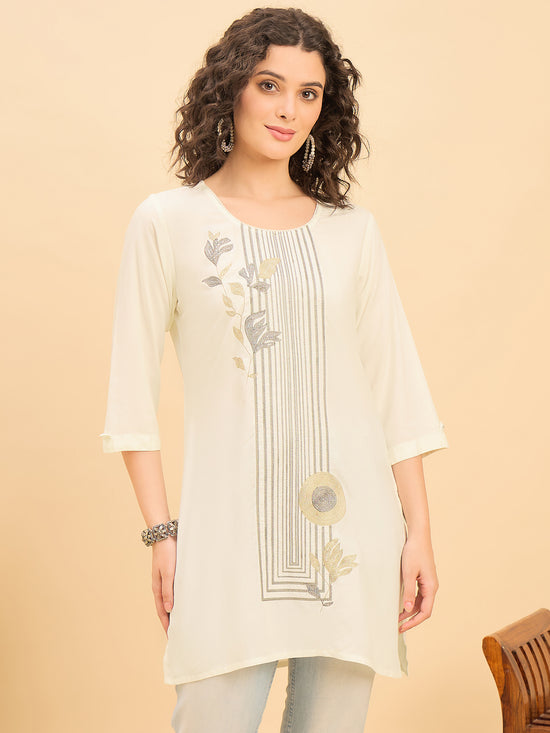 TC 1569 Modal Tunic  Soft Ecru with Linear Leaf embroidery