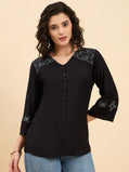 TP 1505 Tribal Shoulder Embroidered Modal Top  Ink Black